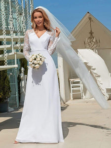 Color=White | Minimalist V-Neck Chiffon Wedding Dress With Long Sleeves-White 2