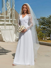 Load image into Gallery viewer, Color=White | Minimalist V-Neck Chiffon Wedding Dress With Long Sleeves-White 1