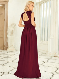 Color=Burgundy | Sleeveless Floor Length V Neck Wholesale Bridesmaid dresses-Burgundy 6