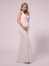 Load image into Gallery viewer, COLOR=White | Deep V Neck Lace Mermaid Maternity Dress-White 1