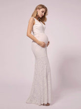 Load image into Gallery viewer, COLOR=White | Deep V Neck Lace Mermaid Maternity Dress-White 4