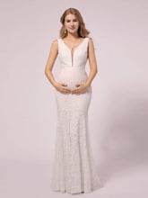 Load image into Gallery viewer, COLOR=White | Deep V Neck Lace Mermaid Maternity Dress-White 3