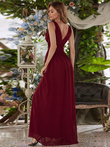 Color=Burgundy | Double V-Neck Elegant Maxi Long Wholesale Evening Dresses-Burgundy 3