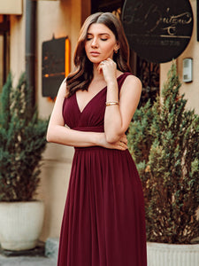 Color=Burgundy | Double V-Neck Elegant Maxi Long Wholesale Evening Dresses-Burgundy 5