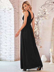 Color=Black | Double V-Neck Elegant Maxi Long Wholesale Evening Dresses-Black 2