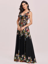 Load image into Gallery viewer, Color=Black &amp; Printed | Double V-Neck Elegant Maxi Long Wholesale Evening Dresses-Black &amp; Printed 1