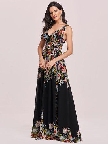 Color=Black & Printed | Double V-Neck Elegant Maxi Long Wholesale Evening Dresses-Black & Printed 1