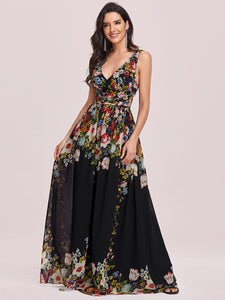 Color=Black & Printed | Double V-Neck Elegant Maxi Long Wholesale Evening Dresses-Black & Printed 3