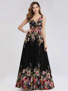 Color=Black & Printed | Double V-Neck Elegant Maxi Long Wholesale Evening Dresses-Black & Printed 4