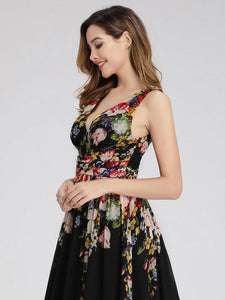Color=Black & Printed | Double V-Neck Elegant Maxi Long Wholesale Evening Dresses-Black & Printed 5