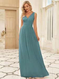 Color=Dusty Blue | Double V-Neck Elegant Maxi Long Wholesale Evening Dresses-Dusty Blue 4