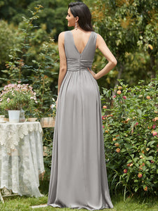 Color=Grey | Double V-Neck Elegant Maxi Long Wholesale Evening Dresses-Grey 2