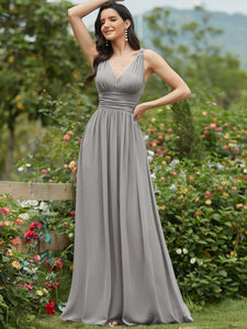 Color=Grey | Double V-Neck Elegant Maxi Long Wholesale Evening Dresses-Grey 3