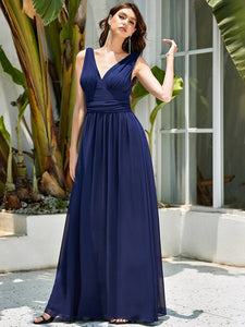 Color=Navy Blue | Double V-Neck Elegant Maxi Long Wholesale Evening Dresses-Navy Blue 4