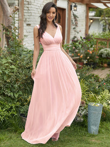 Color=Pink | Double V-Neck Elegant Maxi Long Wholesale Evening Dresses-Pink 4