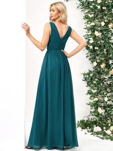 Color=Teal | Double V-Neck Elegant Maxi Long Wholesale Evening Dresses-Teal 3