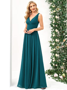 Color=Teal | Double V-Neck Elegant Maxi Long Wholesale Evening Dresses-Teal 4