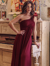Load image into Gallery viewer, Color=Burgundy | One Shoulder Chiffon Ruffles Long Evening Dresses For Wholesale-Burgundy 4