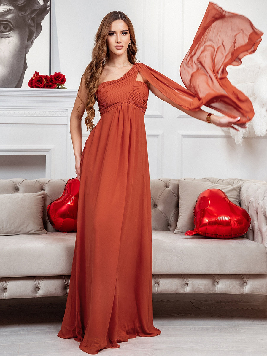 Color=Burnt orange | One Shoulder Pretty Chiffon Ruffles Long Evening Dresses for Wholesale-Burnt orange 1