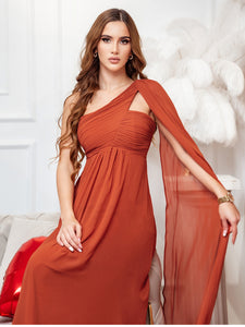 Color=Burnt orange | One Shoulder Pretty Chiffon Ruffles Long Evening Dresses for Wholesale-Burnt orange 3