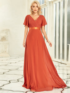 Color=Burnt orange | Glamorous Double V-Neck Ruffles Padded Wholesale Evening Dresses-Burnt orange 4