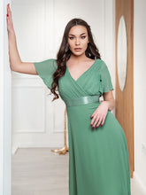 Load image into Gallery viewer, COLOR=Green Bean | Long Empire Waist Evening Dress With Short Flutter Sleeves-Green Bean 3