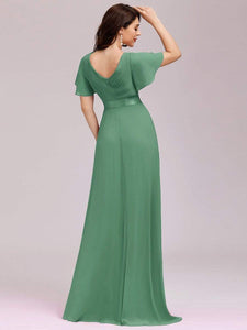 COLOR=Green Bean | Long Empire Waist Evening Dress With Short Flutter Sleeves-Green Bean 5