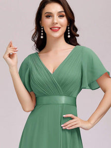 COLOR=Green Bean | Long Empire Waist Evening Dress With Short Flutter Sleeves-Green Bean 8