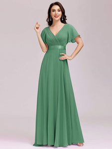 COLOR=Green Bean | Long Empire Waist Evening Dress With Short Flutter Sleeves-Green Bean 1