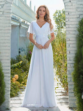 Load image into Gallery viewer, Color=White | Minimalist A-Line Maxi Chiffon Wedding Dress With Satin Belt-White 1