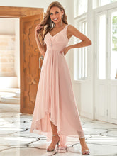 Load image into Gallery viewer, Color=Pink | Simple V Neck Chiffon Wedding Dress With Asymmetric Hem-Pink 1