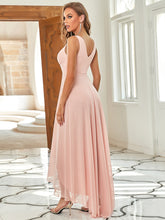 Load image into Gallery viewer, Color=Pink | Simple V Neck Chiffon Wedding Dress With Asymmetric Hem-Pink 2