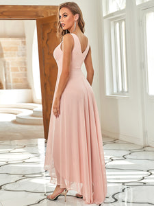 Color=Pink | Simple V Neck Chiffon Wedding Dress With Asymmetric Hem-Pink 2