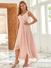 Load image into Gallery viewer, Color=Pink | Simple V Neck Chiffon Wedding Dress With Asymmetric Hem-Pink 3