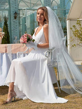 Load image into Gallery viewer, Color=White | Simple V Neck Chiffon Wedding Dress With Asymmetric Hem-White 3