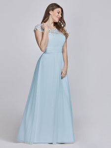 Color=Sky Blue | Lacey Neckline Open Back Ruched Bust Plus Size Evening Dresses-Sky Blue 3