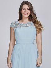 Load image into Gallery viewer, Color=Sky Blue | Lacey Neckline Open Back Ruched Bust Plus Size Evening Dresses-Sky Blue 5