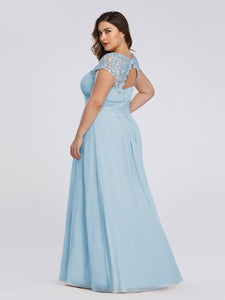 Color=Sky Blue | Lacey Neckline Open Back Ruched Bust Plus Size Evening Dresses-Sky Blue 2