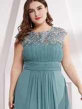 Load image into Gallery viewer, Color=Dusty Blue | Lacey Neckline Open Back Ruched Bust Plus Size Evening Dresses-Dusty Blue 5