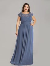 Load image into Gallery viewer, Color=Dusty Navy | Lacey Neckline Open Back Ruched Bust Plus Size Evening Dresses-Dusty Navy 4