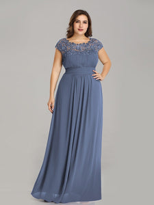 Color=Dusty Navy | Lacey Neckline Open Back Ruched Bust Plus Size Evening Dresses-Dusty Navy 4