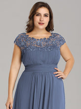 Load image into Gallery viewer, Color=Dusty Navy | Lacey Neckline Open Back Ruched Bust Plus Size Evening Dresses-Dusty Navy 5