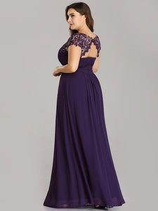 Color=Dark Purple | Lacey Neckline Open Back Ruched Bust Plus Size Evening Dresses-Dark Purple 2