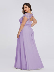 Color=Lavender | Lacey Neckline Open Back Ruched Bust Plus Size Evening Dresses-Lavender  6