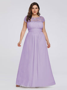 Color=Lavender | Lacey Neckline Open Back Ruched Bust Plus Size Evening Dresses-Lavender  8
