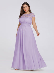Color=Lavender | Lacey Neckline Open Back Ruched Bust Plus Size Evening Dresses-Lavender  5