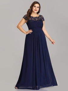 Color=Navy Blue | Lacey Neckline Open Back Ruched Bust Plus Size Evening Dresses-Navy Blue 1