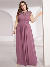 Load image into Gallery viewer, Color=Orchid | Lacey Neckline Open Back Ruched Bust Plus Size Evening Dresses-Orchid 4