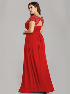 Color=Red | Lacey Neckline Open Back Ruched Bust Plus Size Evening Dresses-Red 2