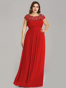 Color=Red | Lacey Neckline Open Back Ruched Bust Plus Size Evening Dresses-Red 4